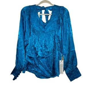 Kate Hudson Brand Happy x Nature Teal Polka Dot Long Sleeve Tie Blouse Top Large